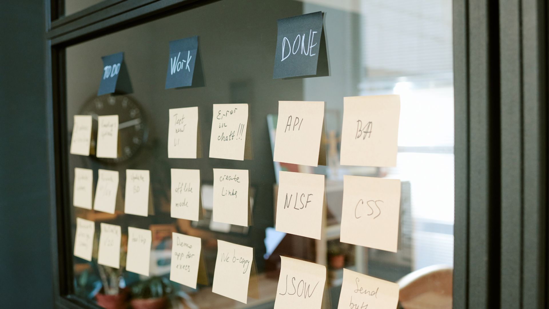 Workflow planning board with notes for AI automation and systems